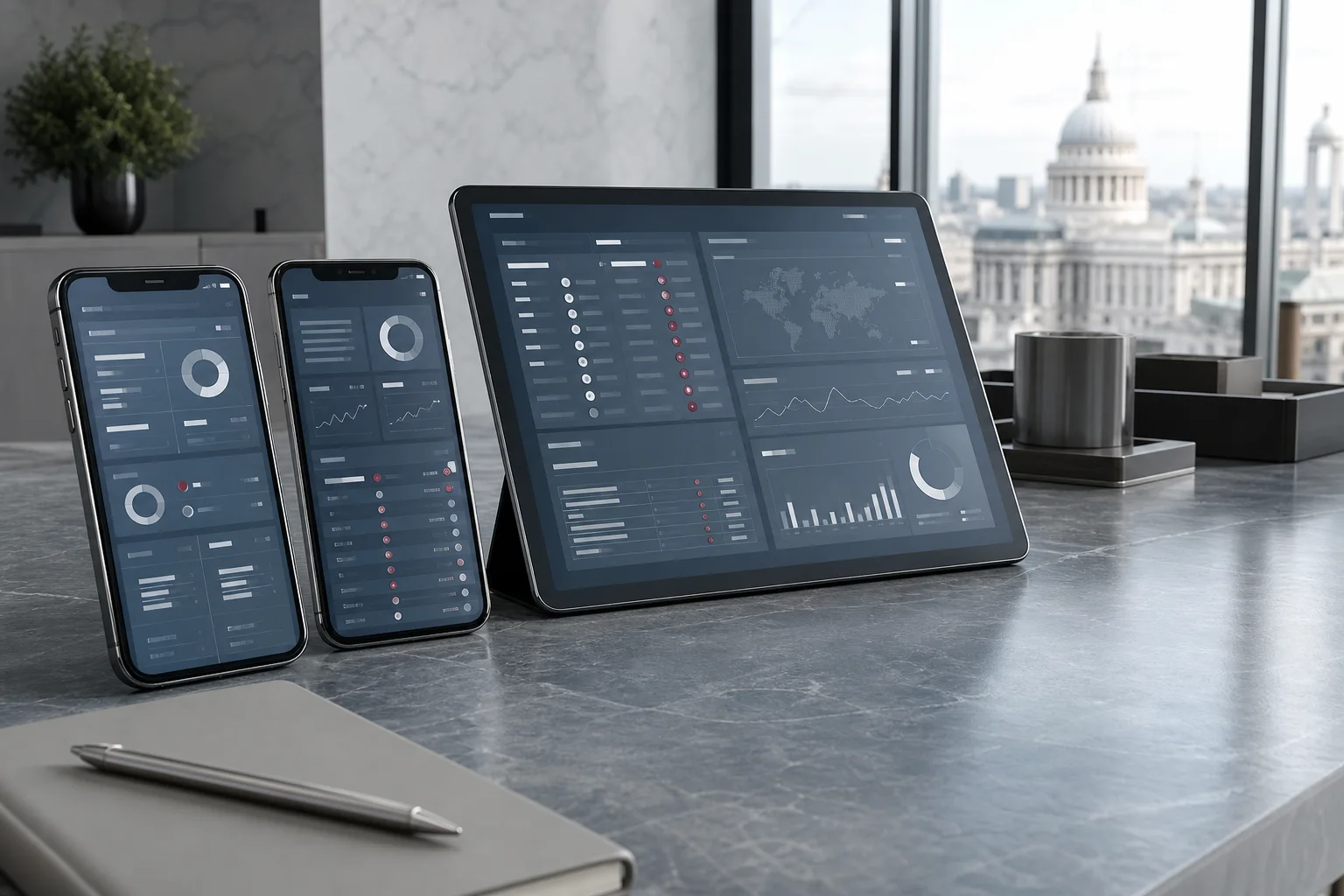 Institutional custody views shown across two smartphones and a tablet