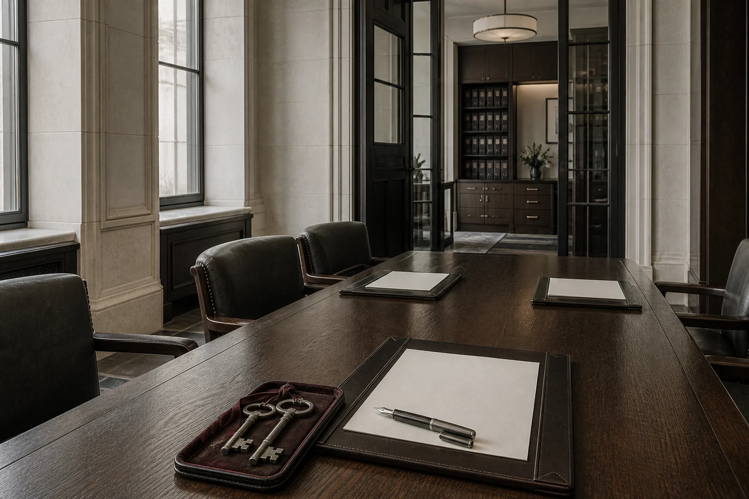 A private institutional mandate room prepared with documents and custody keys