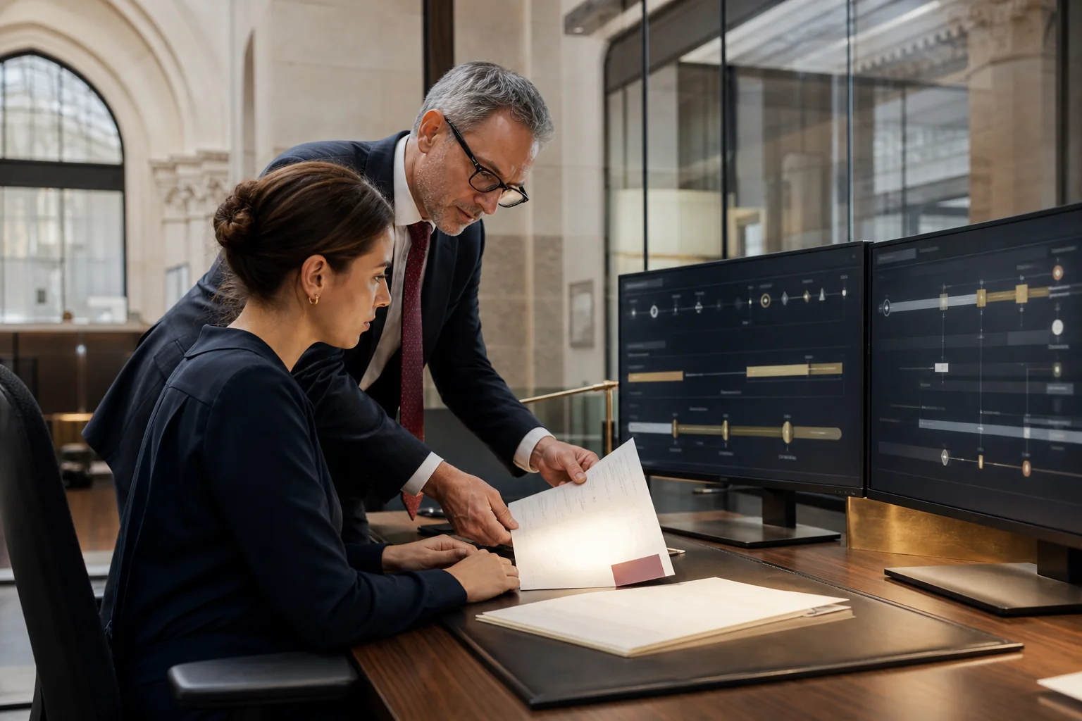 A four-eyes review of a corporate action event within a secure operations room