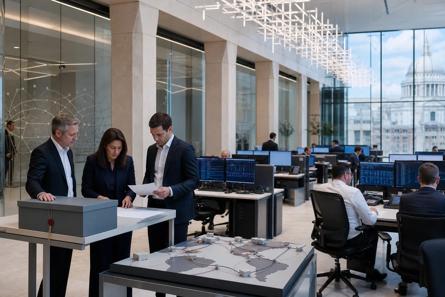 A bright global custody operations gallery with a physical cross-border market routing model
